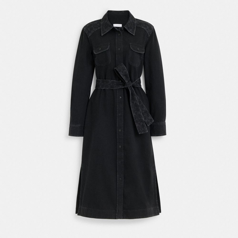 COACH®,BLACK DENIM BUTTON UP DRESS,Black,Front View