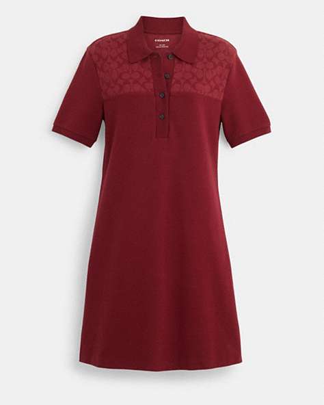 COACH®,SIGNATURE KNIT JACQUARD POLO DRESS,Berry,Front View