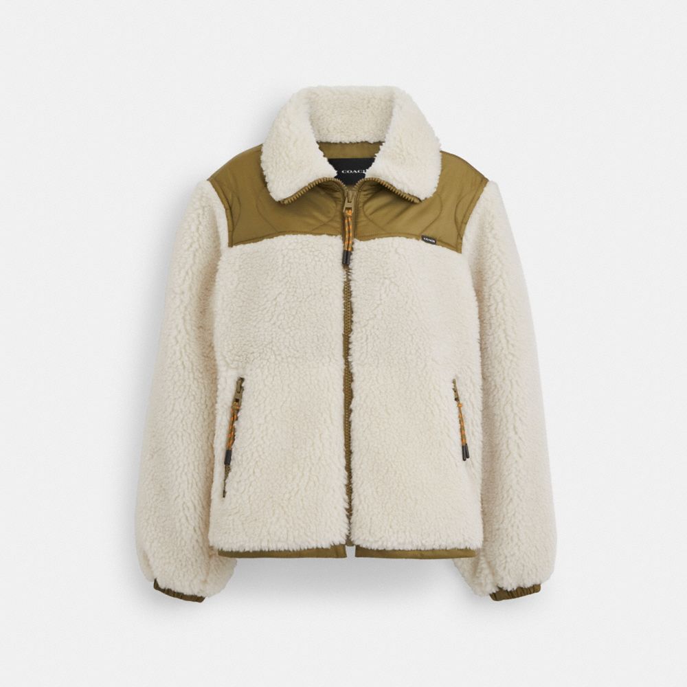 COACH®,QUILTED SHERPA ZIP UP,Cream,Front View