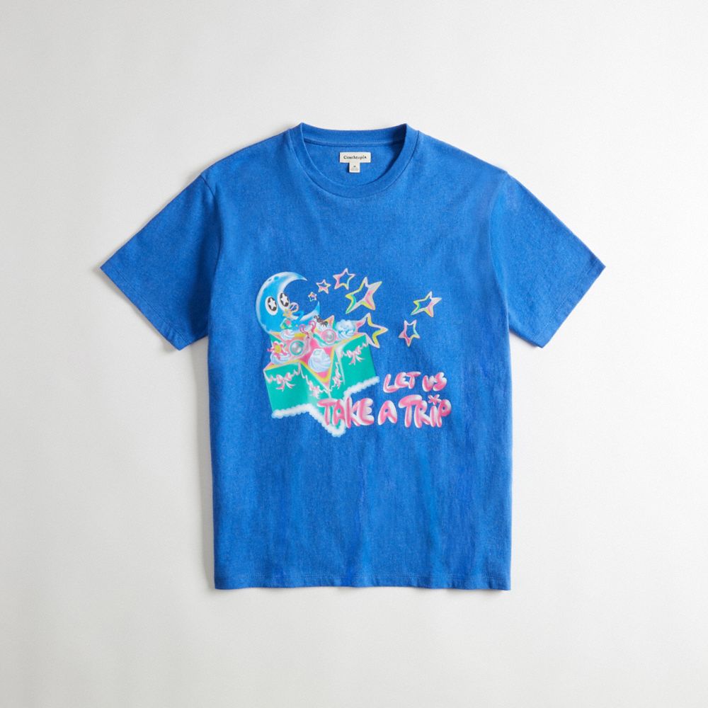 COACH®,Relaxed T-Shirt in 100% Recycled Cotton: Let us Take a Trip,95% recycled cotton,Blue Multi,Front View image number 0