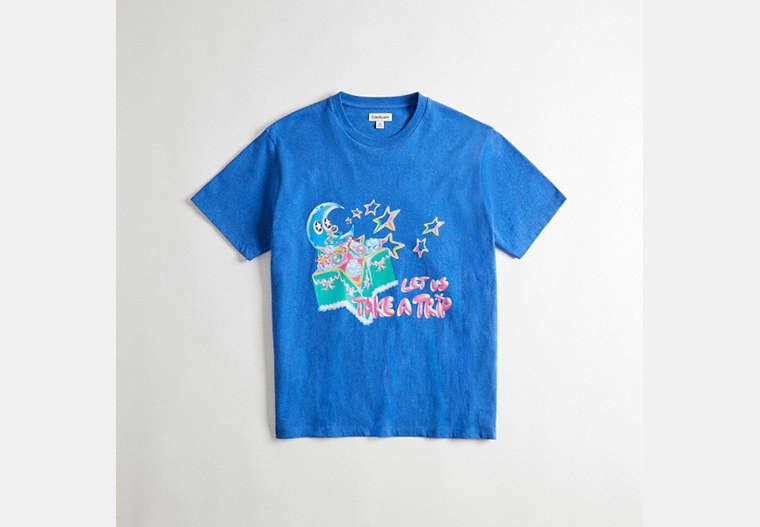 COACH®,Relaxed T-Shirt in 100% Recycled Cotton: Let us Take a Trip,95% recycled cotton,Blue Multi,Front View