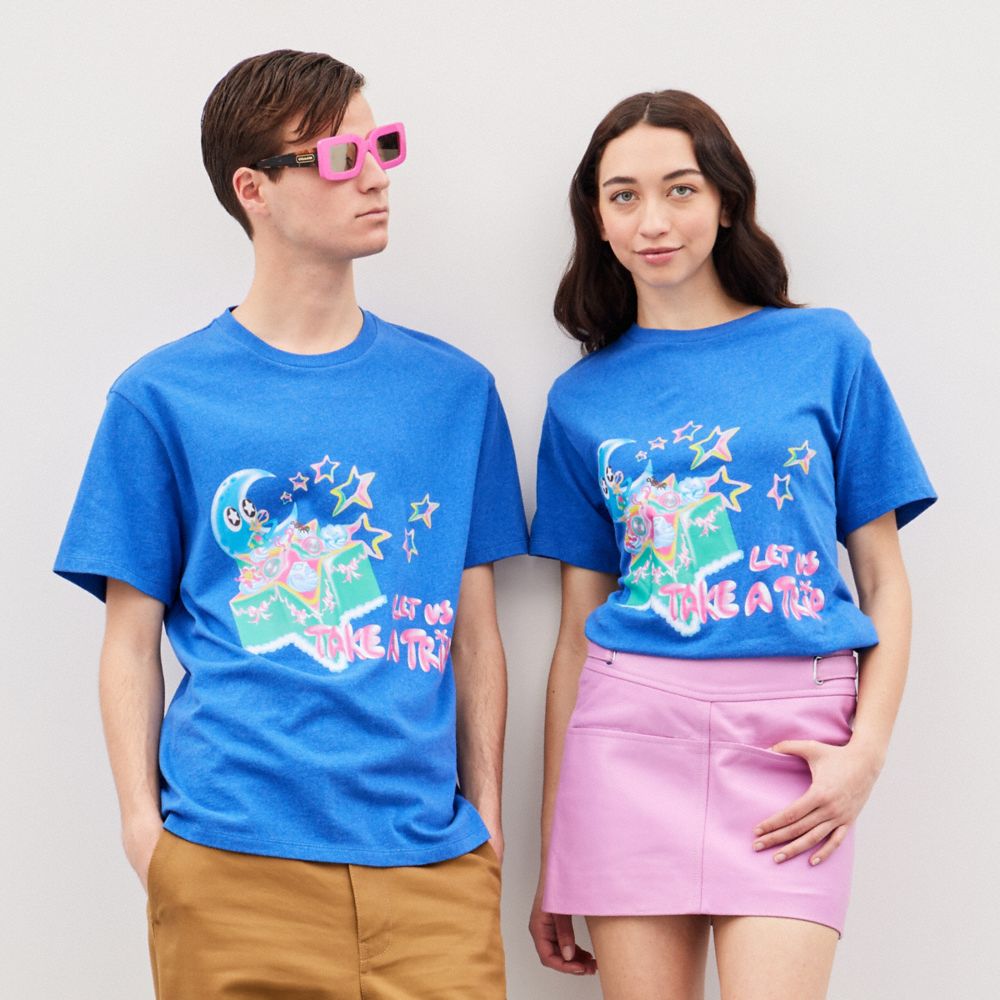 COACH®,Relaxed T Shirt With Let Us Take A Trip Print,Recycled Cotton,T Shirt,No Embellishment,Casual,Blue,Scale View