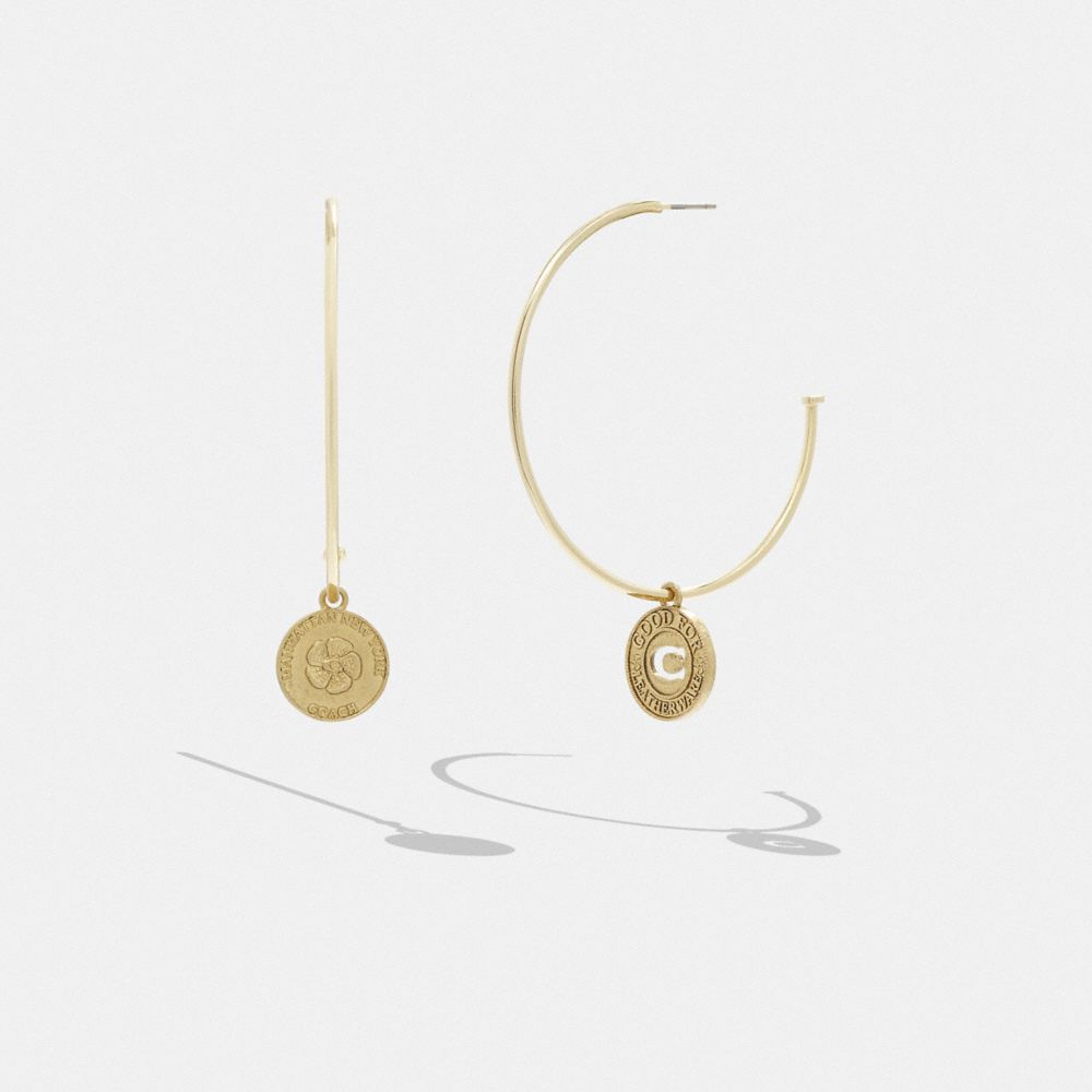 COACH®,SIGNATURE COIN HOOP EARRINGS,Plated Brass,Gold,Front View image number 0