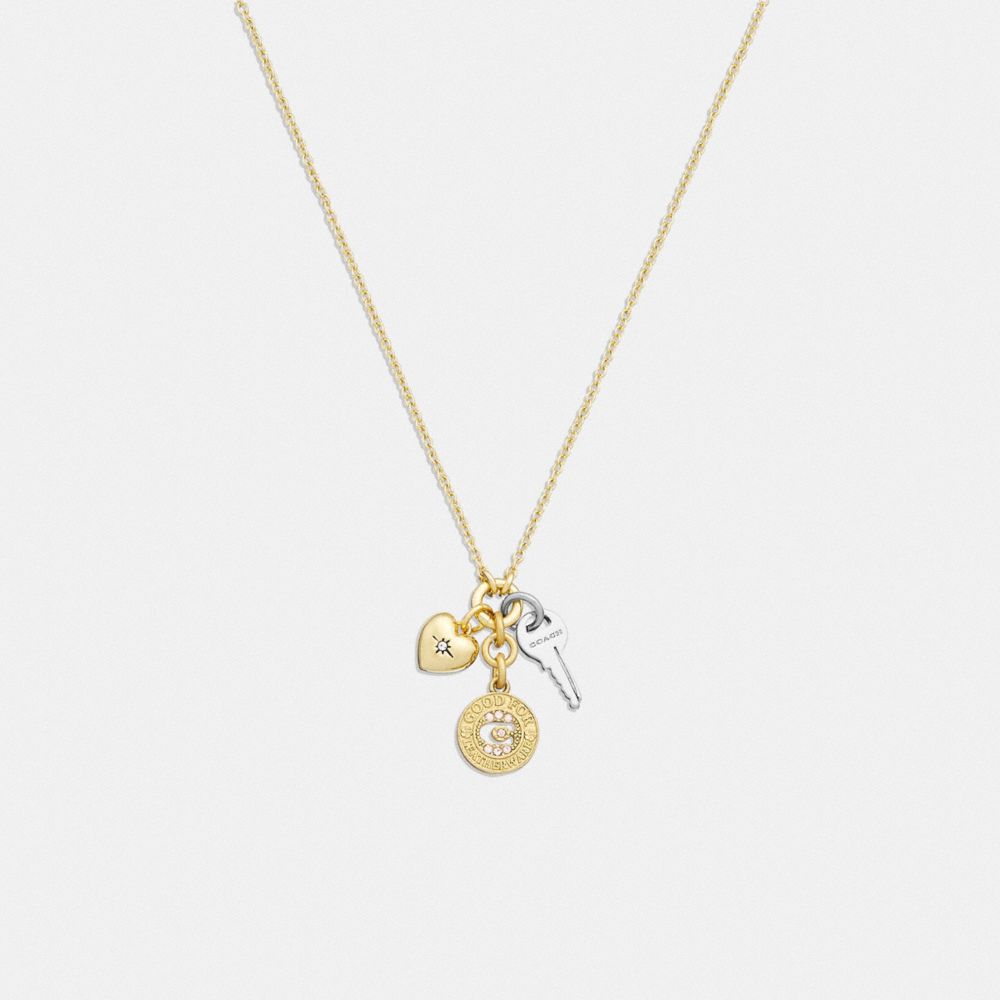 COACH®,HEART KEY SIGNATURE COIN CHARM NECKLACE,Plated Brass,Gold/Silver,Front View image number 0