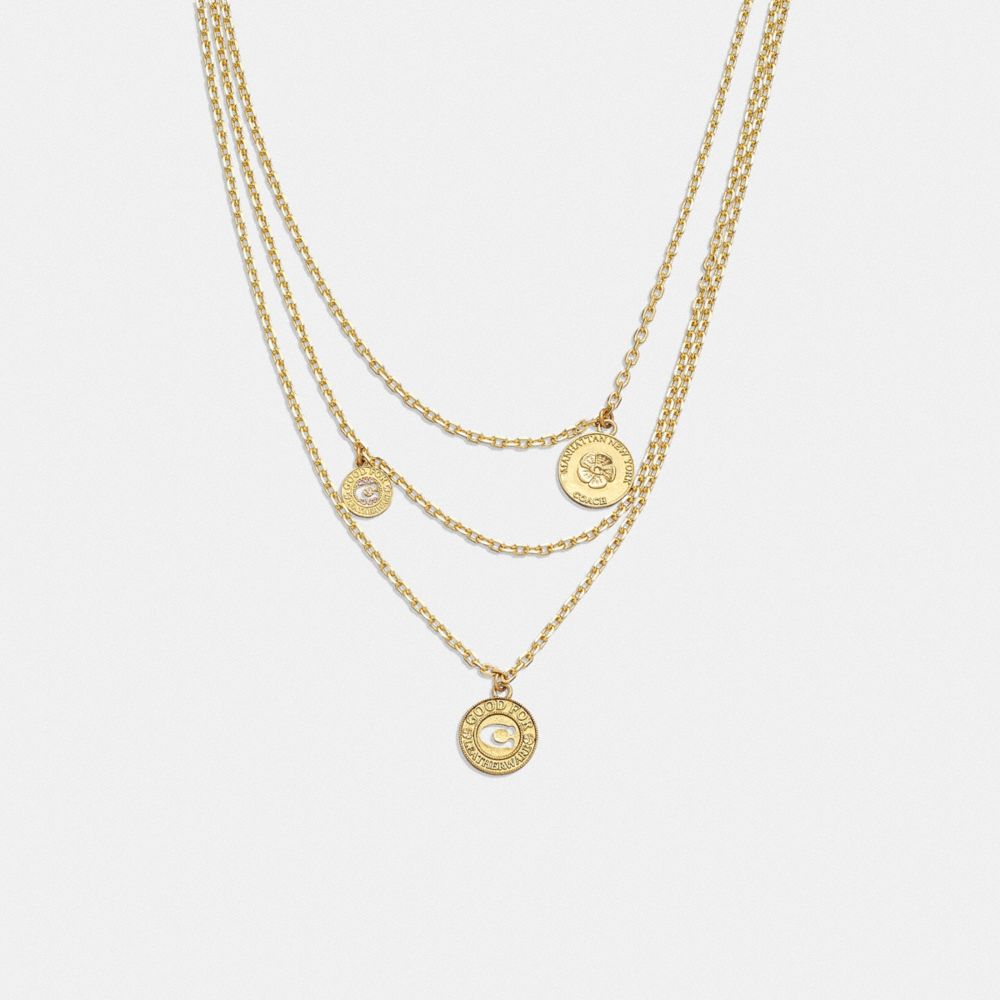 COACH®,SIGNATURE COIN LAYERED NECKLACE,Plated Brass,Gold,Front View image number 0