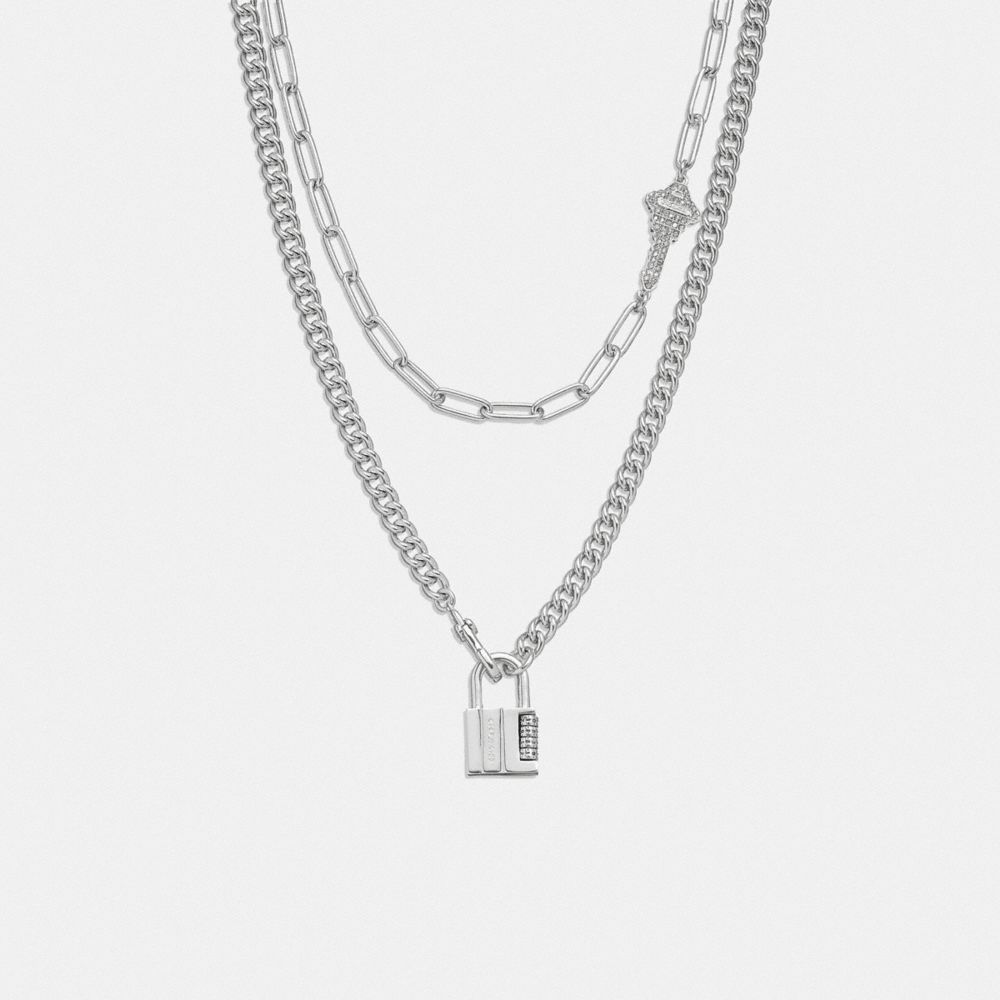 COACH®,LOCK AND KEY LAYERED CHAIN NECKLACE,Plated Brass,Silver,Front View image number 0