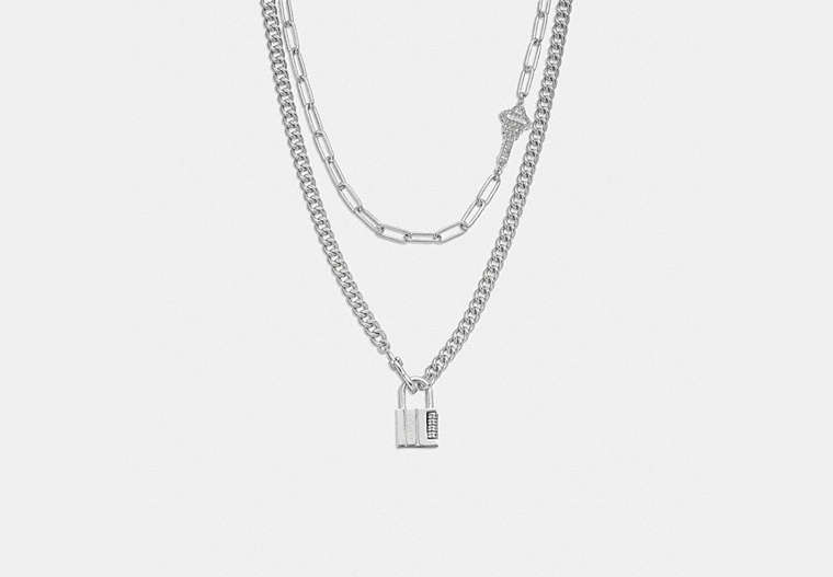COACH®,LOCK AND KEY LAYERED CHAIN NECKLACE,Plated Brass,Silver,Front View