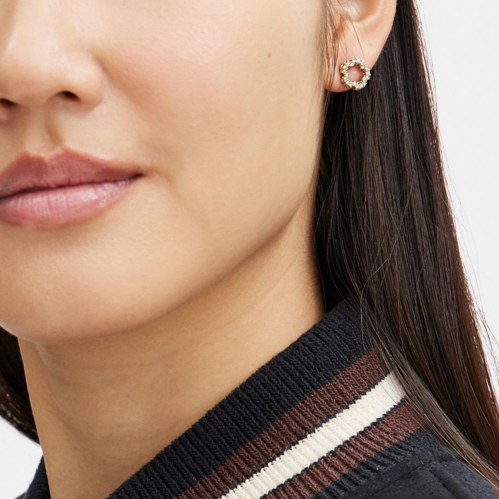 COACH®,Pavé Tea Rose Stud Earrings,Studs,Glass,Cubic Zirconia,Crystal,Floral Embellishment,Gem Embellishment,Brass,Titaniu...,Clear,Detail View