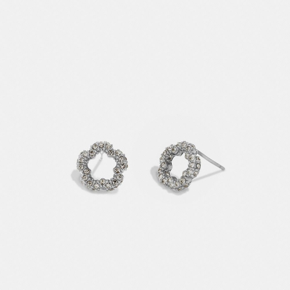 COACH®,PAVÉ TEA ROSE STUD EARRINGS,Metal,Silver,Front View image number 0