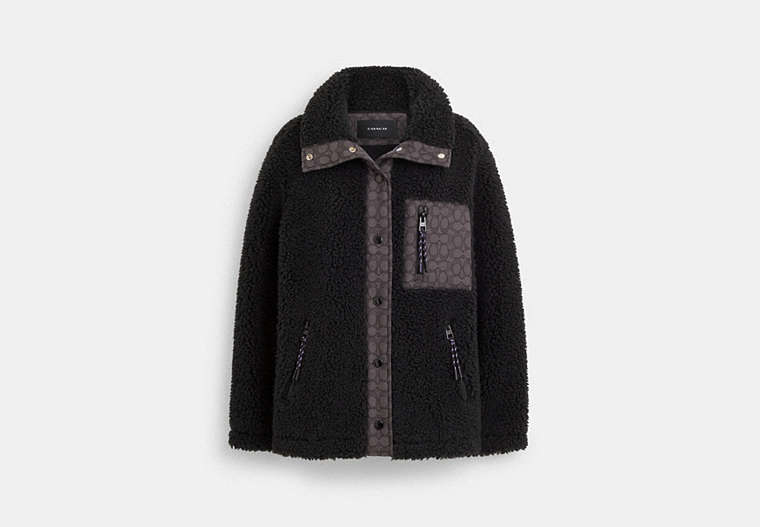 COACH®,SIGNATURE JACQUARD BLOCKED RELAXED SHERPA,Black,Front View image number 0