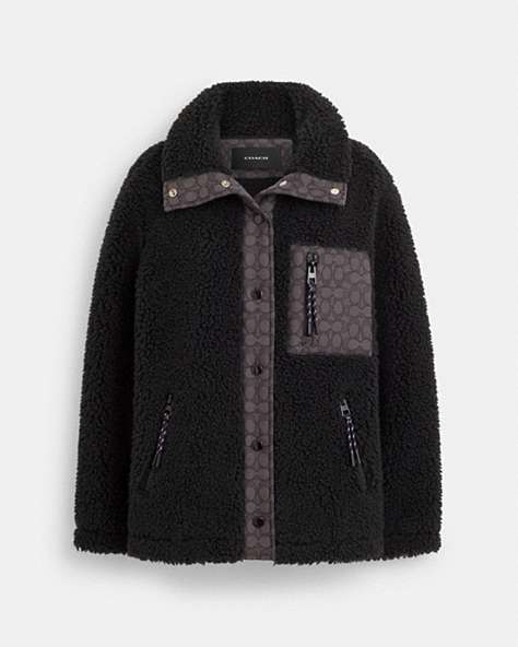 COACH®,SIGNATURE JACQUARD BLOCKED RELAXED SHERPA,Black,Front View