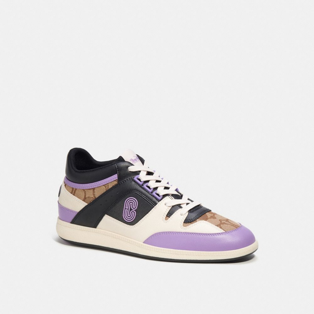 COACH®,MID TOP SNEAKER IN COLORBLOCK,Mixed Materials,Iris/Smoke Coal,Front View