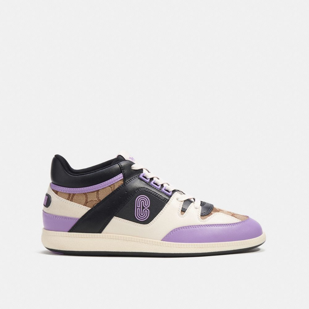 COACH®,MID TOP SNEAKER IN COLORBLOCK,Iris/Smoke Coal,Angle View