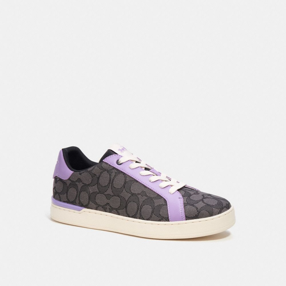 COACH®,CLIP LOW TOP SNEAKER IN SIGNATURE JACQUARD,Mixed Materials,Black/Iris,Front View