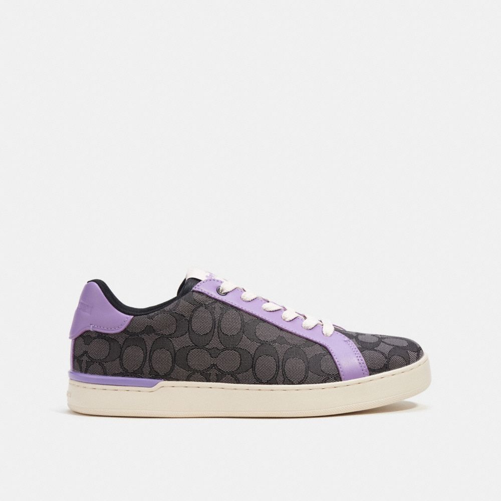 COACH®,CLIP LOW TOP SNEAKER IN SIGNATURE JACQUARD,Black/Iris,Angle View