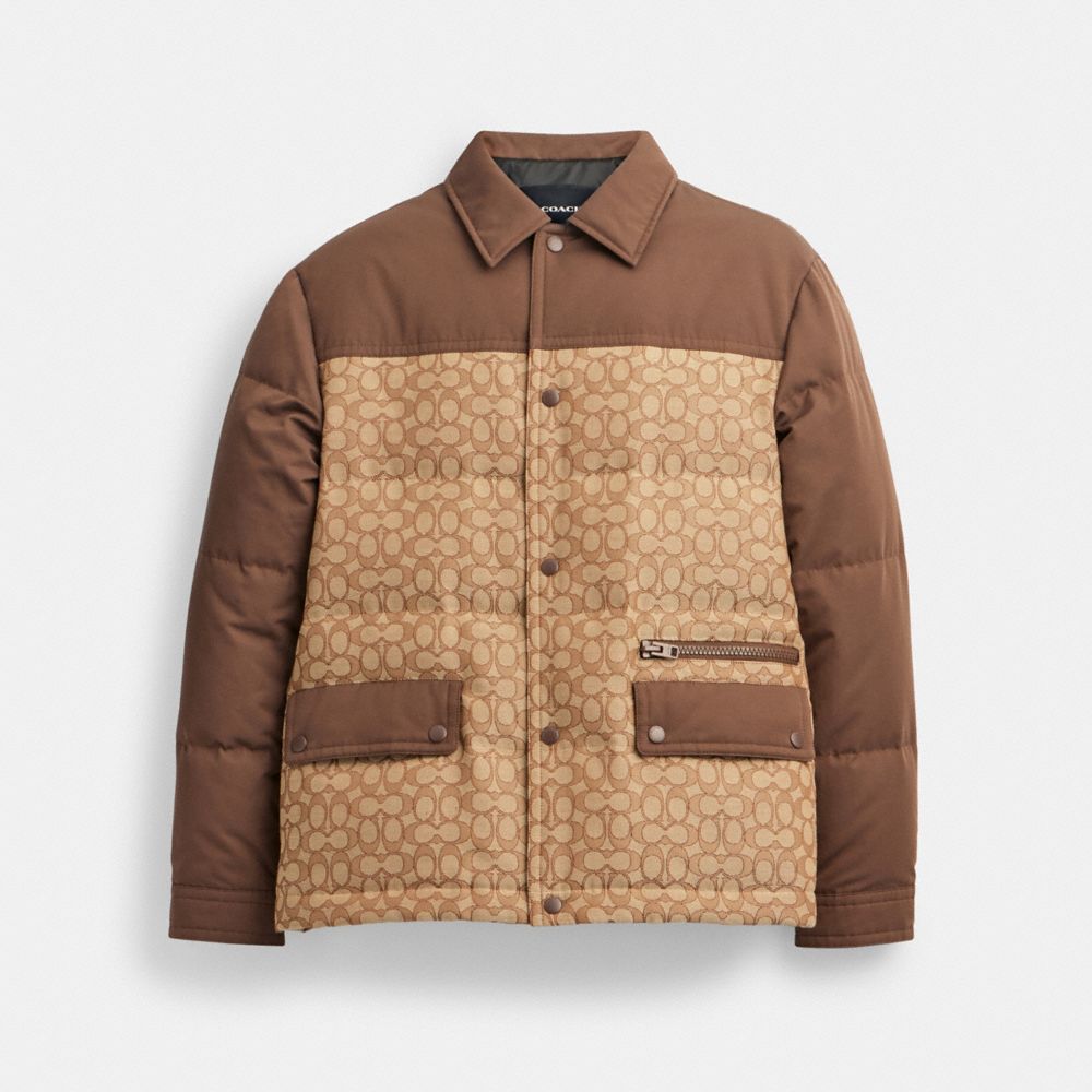 COACH®,QUILTED COACHES JACKET,Tan Sig C,Front View