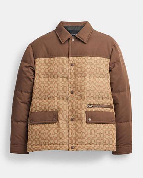 COACH®,QUILTED COACHES JACKET,Cotton/Polyester,Tan Sig C,Front View