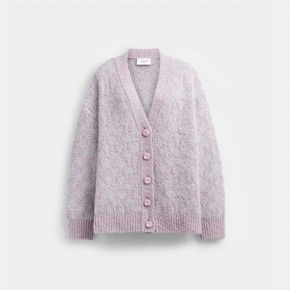 COACH®,METALLIC SIGNATURE CARDIGAN,Lavender,Front View