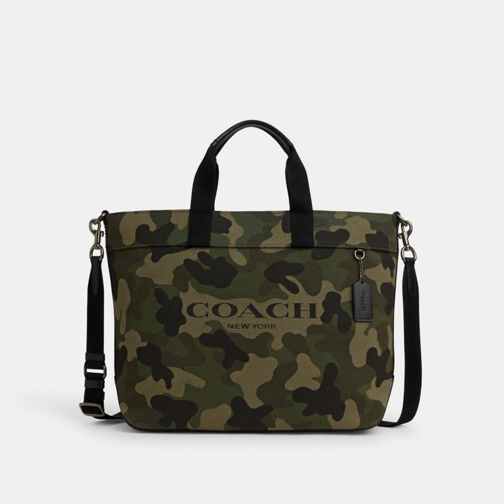 COACH®,TOTE BAG 38 WITH CAMO PRINT,X-Large,Gunmetal/Green Multi,Front View