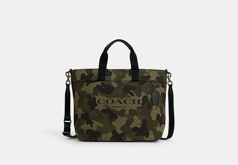 COACH®,TOTE BAG 38 WITH CAMO PRINT,Signature Coated Canvas,X-Large,Gunmetal/Green Multi,Front View