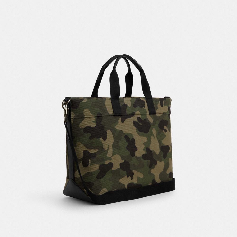 COACH®,TOTE BAG 38 WITH CAMO PRINT,Canvas,X-Large,Gunmetal/Green Multi,Angle View