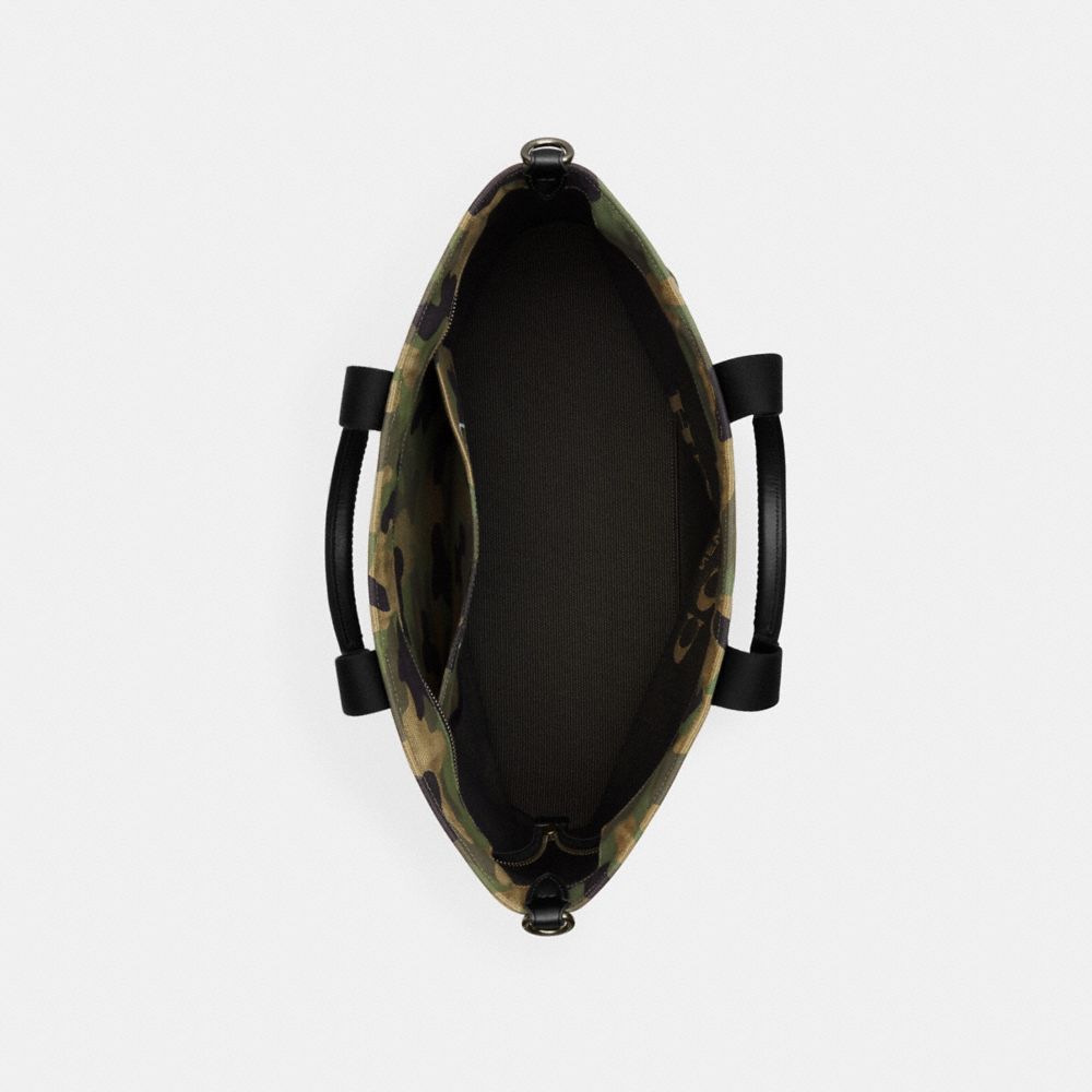 COACH®,Tote Bag 38 With Camo Print,Canvas,Leather,Tote,Color Block,Word Embellishment,Logo,Gunmetal,Casual,Green,Inside View,Top View