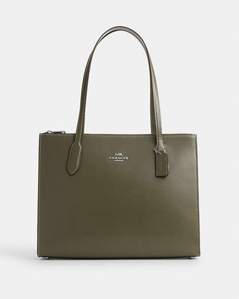 COACH®,NINA TOTE,Leather,Large,Office,Silver/Olive Drab,Front View