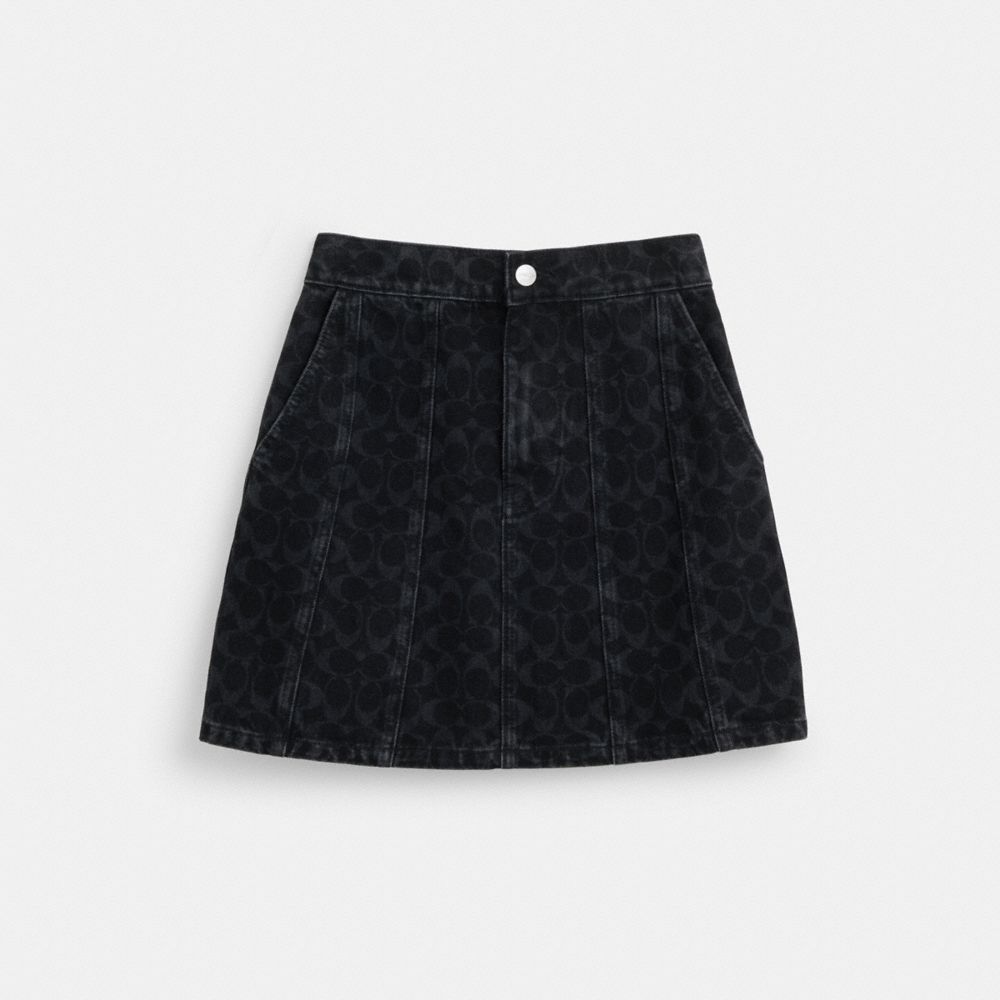 COACH®,BLACK SIGNATURE DENIM SKIRT,Black,Front View