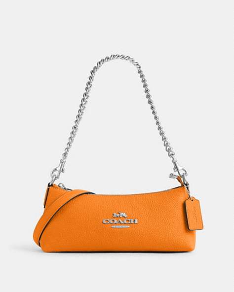 COACH®,CHARLOTTE SHOULDER BAG,Leather,Anniversary,Silver/Bright Mandarin,Front View