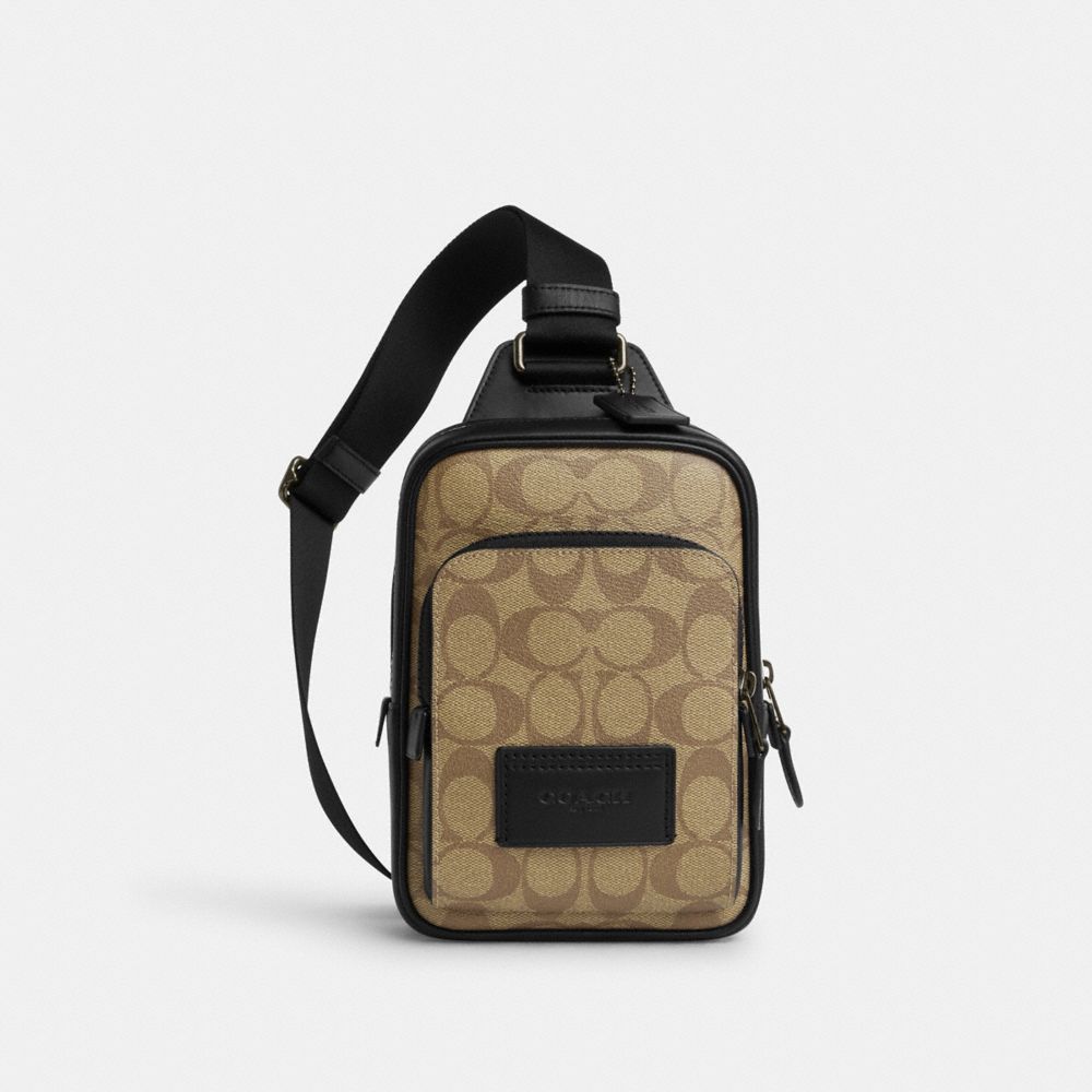 COACH®,Track Pack 14 In Signature Canvas,Calfskin Leather,Canvas,Slingback,PVC,Logo,Chest Waist Strap,Casual,Beige,Front View