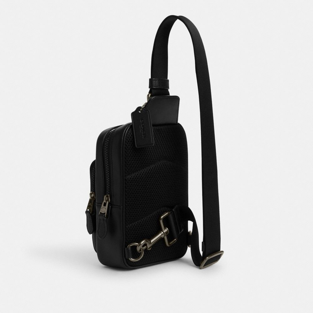 COACH®,Track Pack 14 In Signature Canvas,Calfskin Leather,Canvas,Slingback,PVC,Logo,Chest Waist Strap,Casual,Beige,Angle View