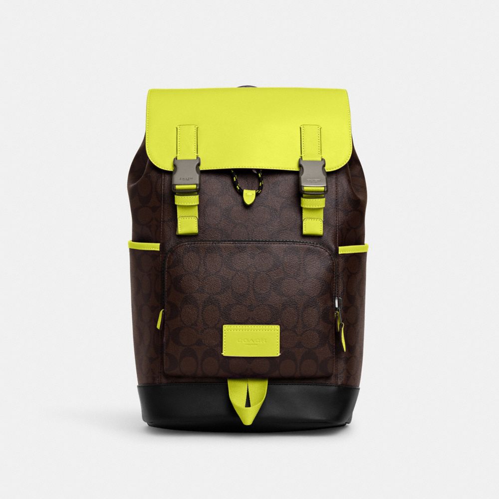 COACH®,TRACK BACKPACK IN COLORBLOCK SIGNATURE CANVAS,Signature Canvas,X-Large,Black Antique Nickel/Mahogany/Bright Yellow,Front View