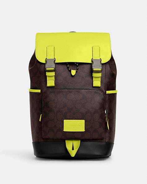 COACH®,TRACK BACKPACK IN COLORBLOCK SIGNATURE CANVAS,Coated Canvas/Signature Canvas/Smooth Leather,X-Large,Black Antique Nickel/Mahogany/Bright Yellow,Front View