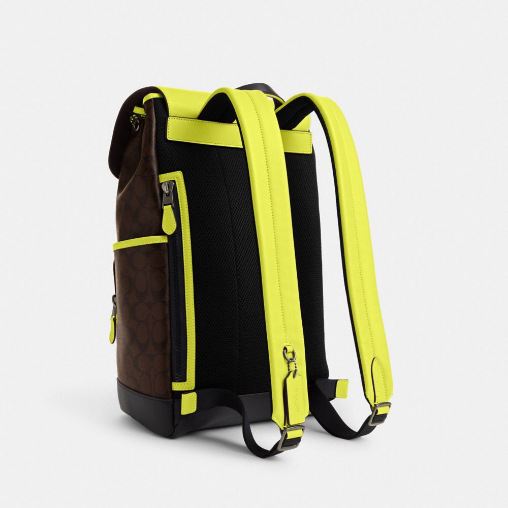 COACH®,TRACK BACKPACK IN COLORBLOCK SIGNATURE CANVAS,Signature Canvas,X-Large,Black Antique Nickel/Mahogany/Bright Yellow,Angle View