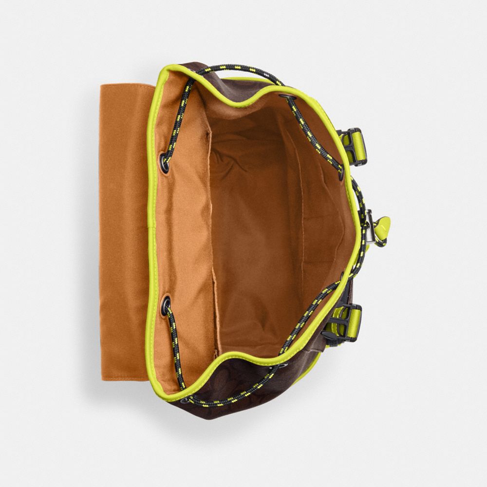 COACH®,TRACK BACKPACK IN COLORBLOCK SIGNATURE CANVAS,Signature Canvas,X-Large,Black Antique Nickel/Mahogany/Bright Yellow,Inside View,Top View
