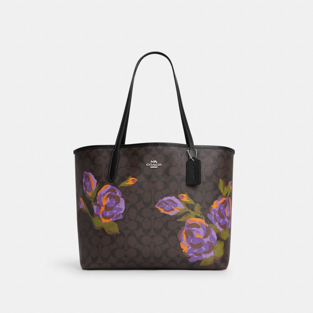 COACH®,CITY TOTE BAG IN SIGNATURE CANVAS WITH ROSE PRINT,Signature Canvas,X-Large,Silver/Brown/Iris Multi,Front View