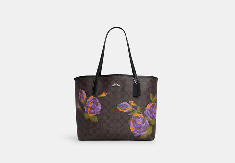 COACH®,CITY TOTE BAG IN SIGNATURE CANVAS WITH ROSE PRINT,Coated Canvas/Signature Canvas/Smooth Leather,X-Large,Silver/Brown/Iris Multi,Front View