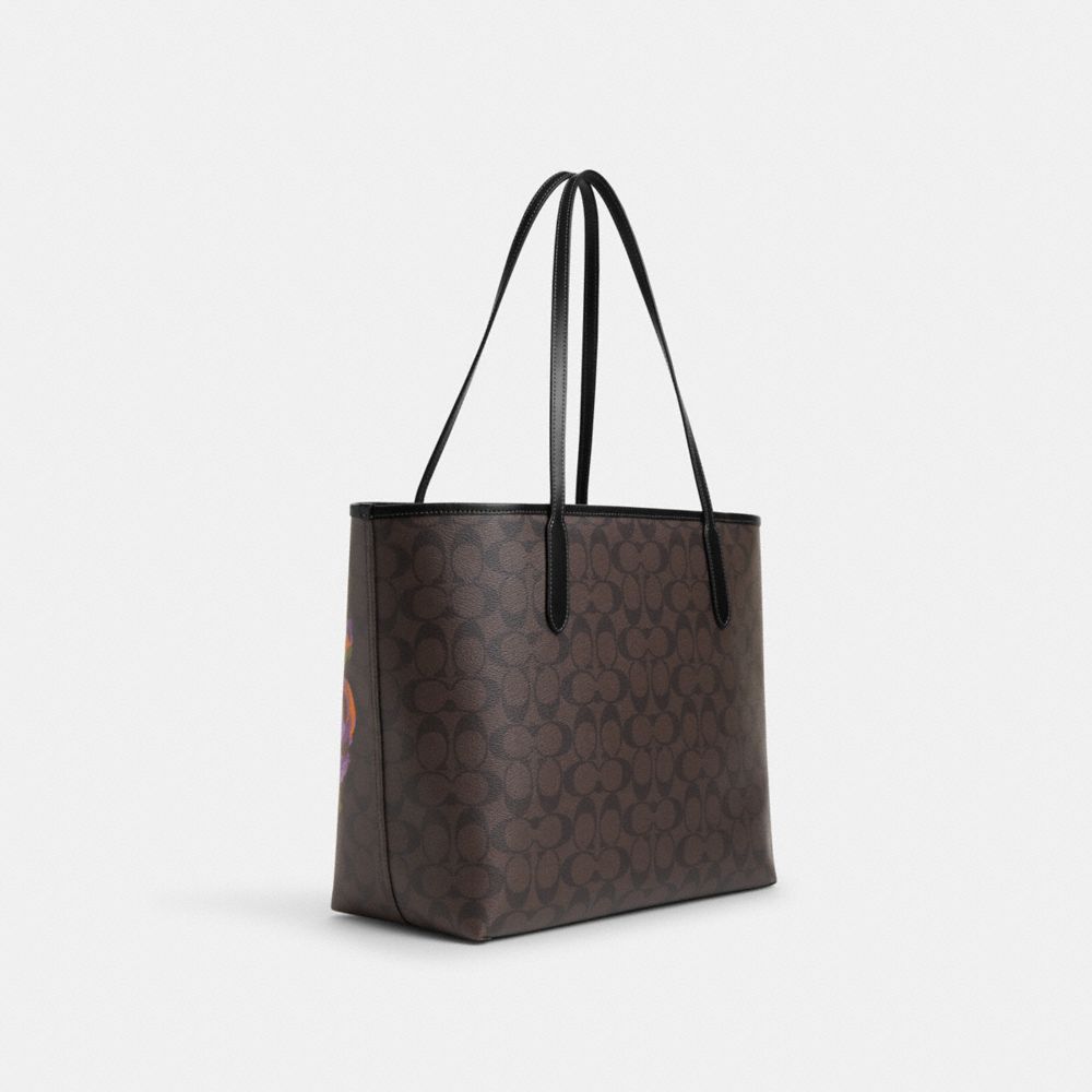 COACH®,CITY TOTE BAG IN SIGNATURE CANVAS WITH ROSE PRINT,Signature Canvas,X-Large,Silver/Brown/Iris Multi,Angle View