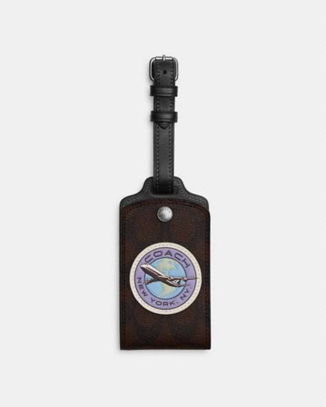 COACH®,LUGGAGE TAG IN SIGNATURE CANVAS WITH TRAVEL PATCH,pvc,Gunmetal/Mahogany Multi,Front View