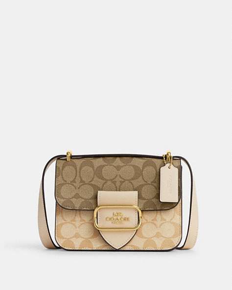 COACH®,MORGAN SQUARE CROSSBODY BAG IN BLOCKED SIGNATURE CANVAS,Coated Canvas/Signature Canvas/Smooth Leather,Small,Gold/Light Khaki Multi,Front View