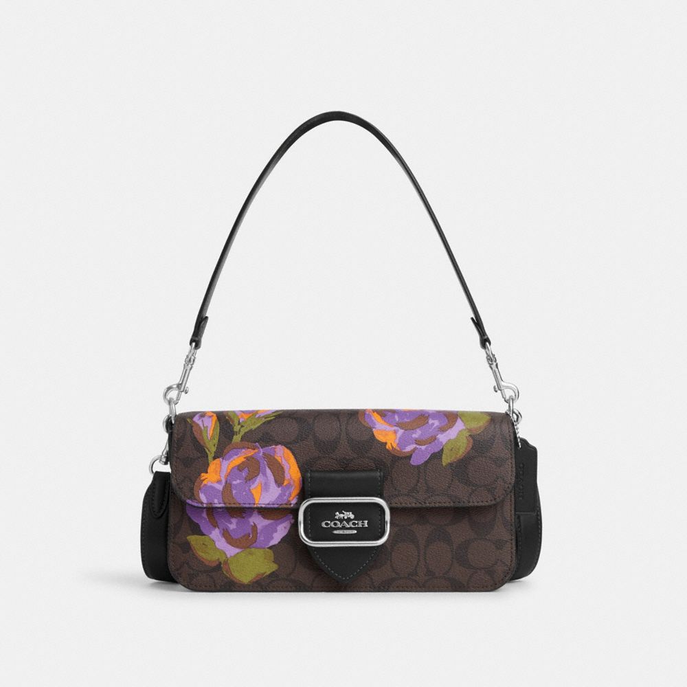 COACH®,MORGAN SHOULDER BAG IN SIGNATURE CANVAS WITH ROSE PRINT,Signature Canvas,Medium,Silver/Brown/Iris Multi,Front View