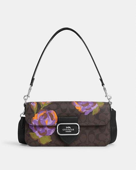 COACH®,MORGAN SHOULDER BAG IN SIGNATURE CANVAS WITH ROSE PRINT,Coated Canvas/Signature Canvas/Smooth Leather,Medium,Silver/Brown/Iris Multi,Front View