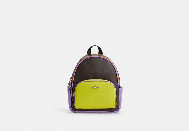 COACH®,MINI COURT BACKPACK IN COLORBLOCK SIGNATURE CANVAS,Coated Canvas/Signature Canvas/Smooth Leather,Silver/Brown/Iris Multi,Front View