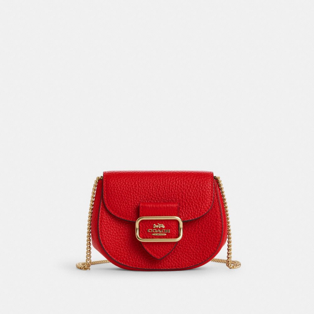 COACH®,MORGAN CARD CASE ON A CHAIN,Pebbled Leather,Mini,Gold/Electric Red,Front View
