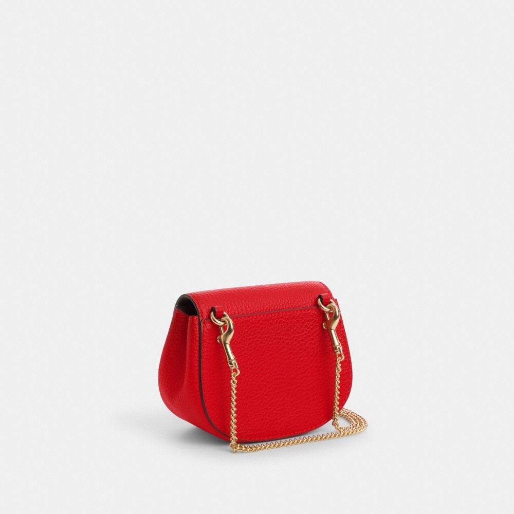 COACH®,MORGAN CARD CASE ON A CHAIN,Pebbled Leather,Mini,Gold/Electric Red,Angle View