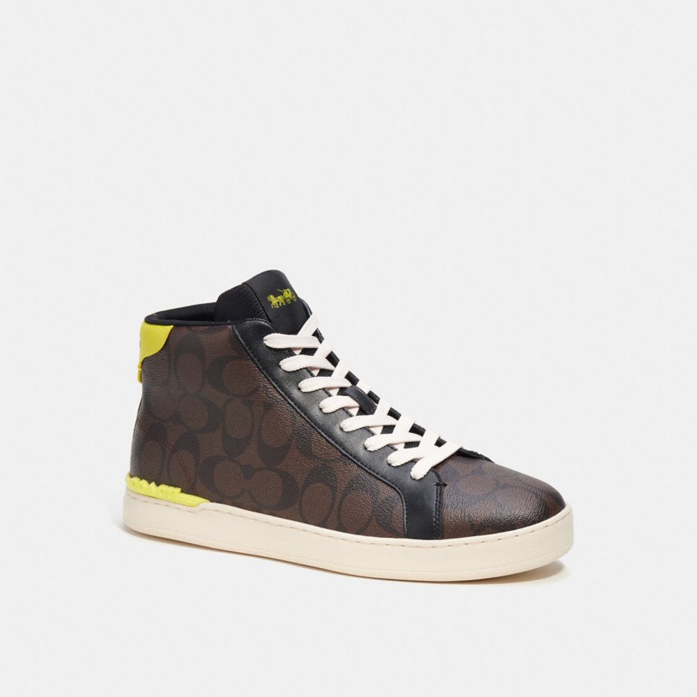 COACH®,CLIP HIGH TOP SNEAKER IN SIGNATURE CANVAS,Mahogany/Bright Yellow,Front View