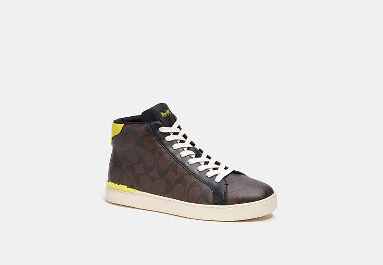 COACH®,CLIP HIGH TOP SNEAKER IN SIGNATURE CANVAS,Mixed Materials,Mahogany/Bright Yellow,Front View