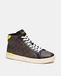 COACH®,CLIP HIGH TOP SNEAKER IN SIGNATURE CANVAS,Mixed Materials,Mahogany/Bright Yellow,Front View