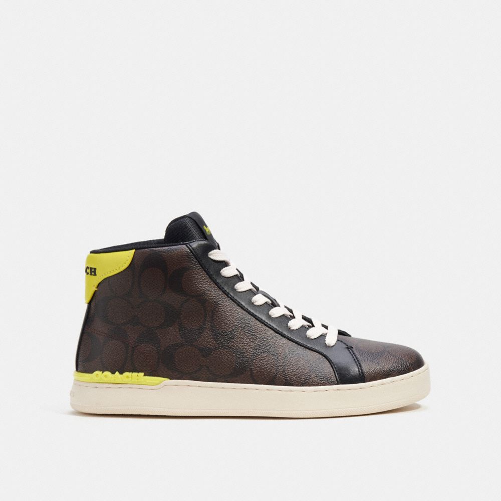 COACH®,CLIP HIGH TOP SNEAKER IN SIGNATURE CANVAS,Mahogany/Bright Yellow,Angle View