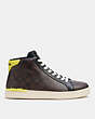 COACH®,CLIP HIGH TOP SNEAKER IN SIGNATURE CANVAS,Mixed Materials,Mahogany/Bright Yellow,Angle View